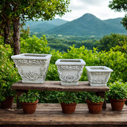 Set of 3 Assorted Magnesium Square Flower Pots in Antique White