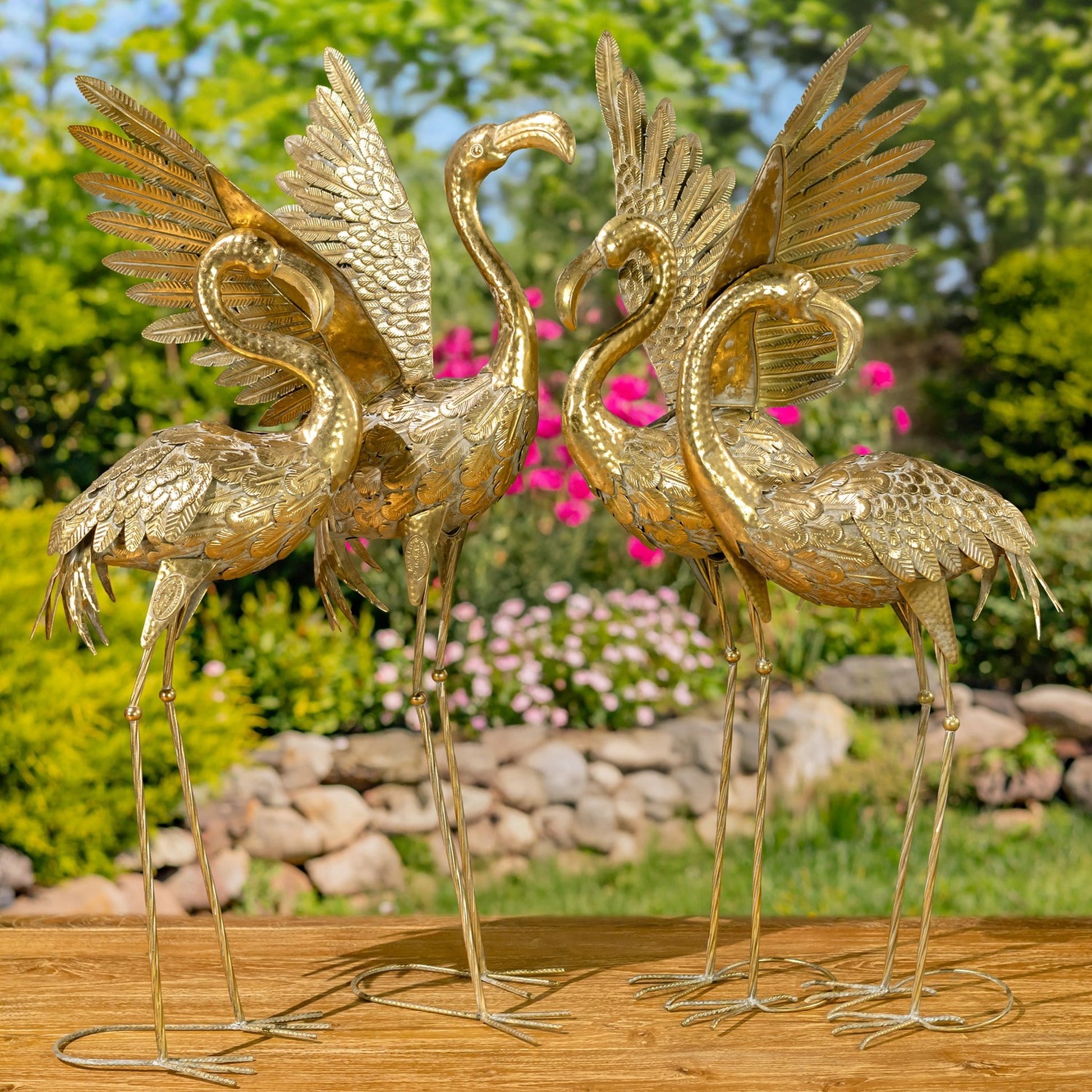 Set of 4 Assorted Metallic Gold Flamingo Garden Figurines - angle 2