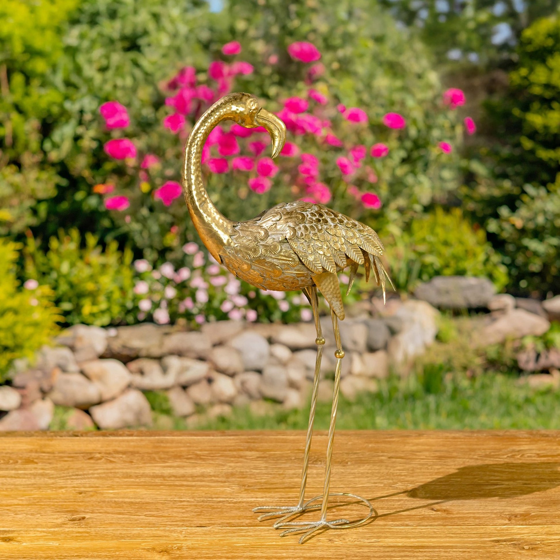 Set of 4 Assorted Metallic Gold Flamingo Garden Figurines - angle 3