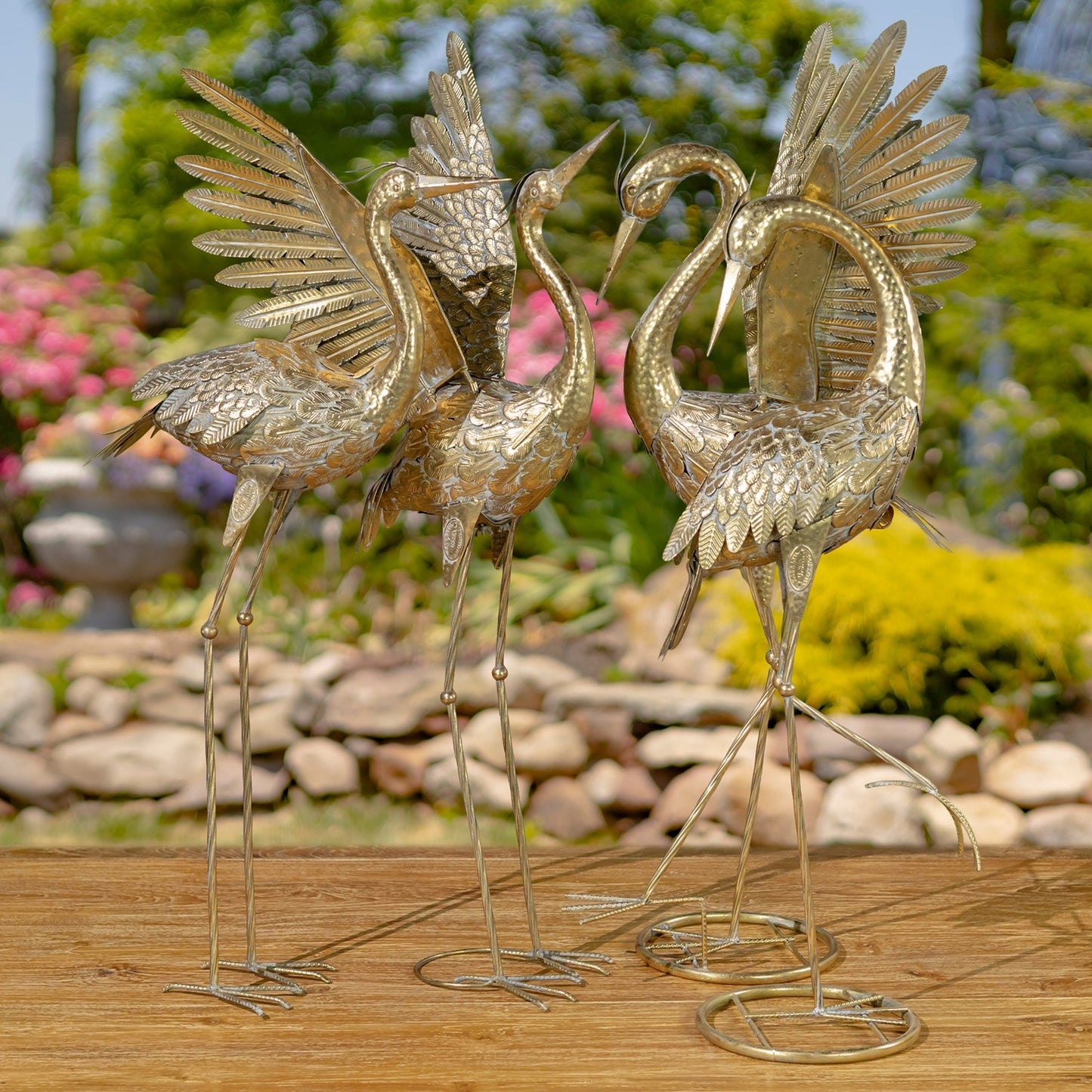 Set of 4 Assorted Metallic Gold Heron Garden Figurines