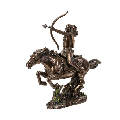 Bronze statue of a warrior on horseback with a bow, on a white background