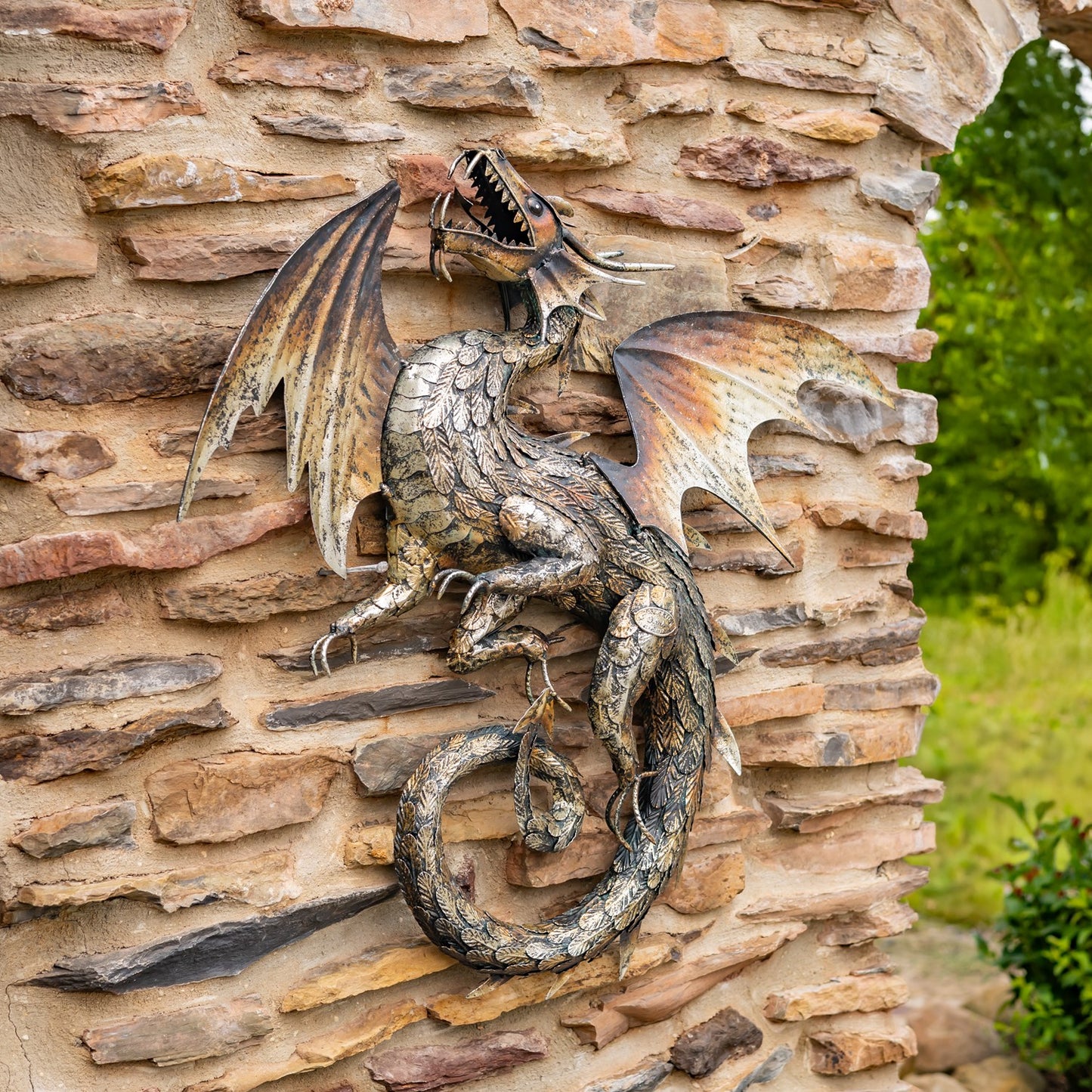 Decorative dragon sculpture on a stone wall easy hanging for your outdoor entryway