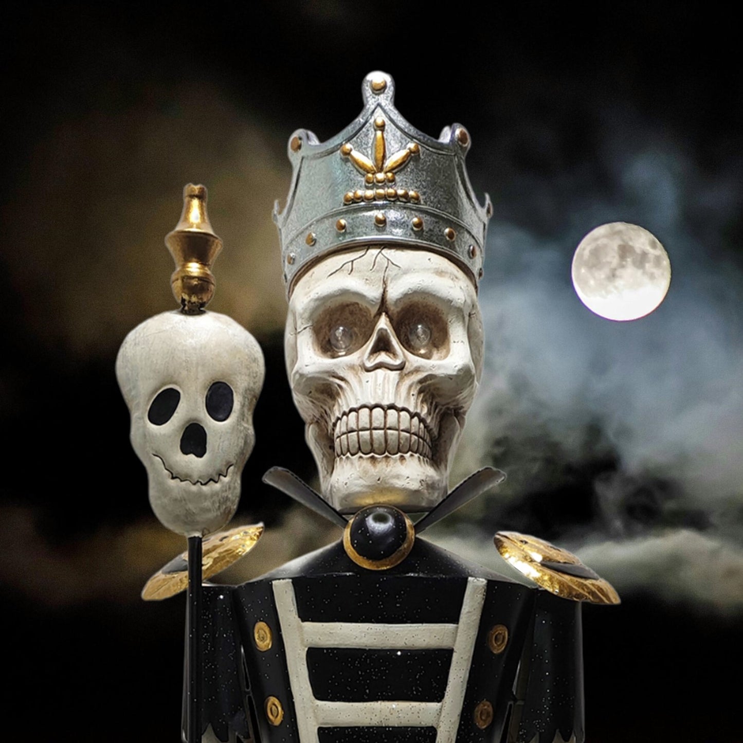 Skull-like figure in military uniform with a crown against a dark background with moon and clouds.