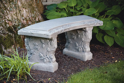 heavyweight vine curved bench held two bases reminiscent park European estate cement