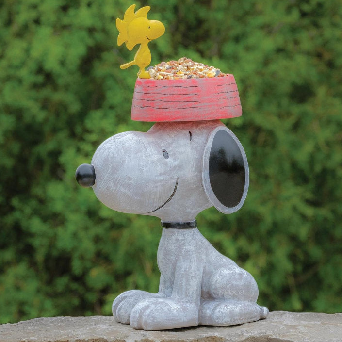 Snoopy statue birdfeeder garden sculpture with Woodstock bird