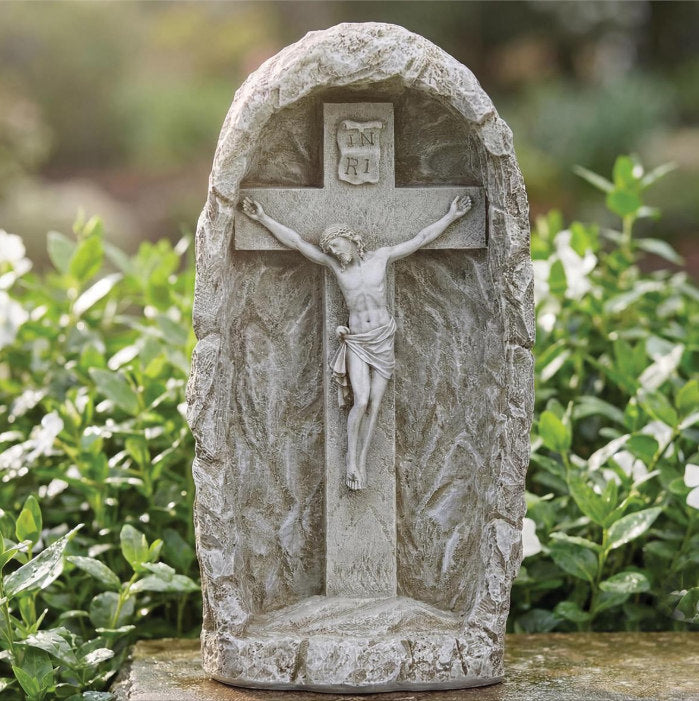 Solar Crucifix Grotto Garden Statue with Jesus on the cross