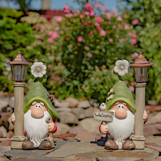 Spring Garden Gnome Set of 2 with Solar Lanterns & Welcome Sign Statue large