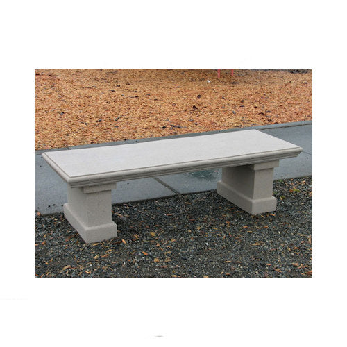 A rectangular outdoor stone bench with blocky legs, Nisqually cast stone garden seat 66 inches long