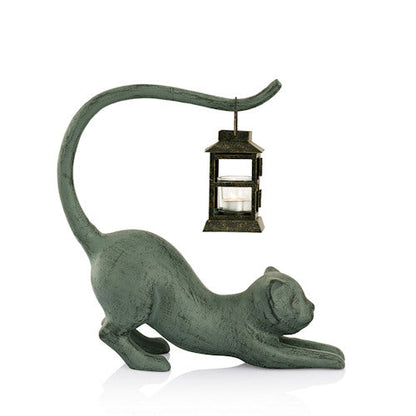 Cat Stretching Garden Lantern Candle Holder Statue