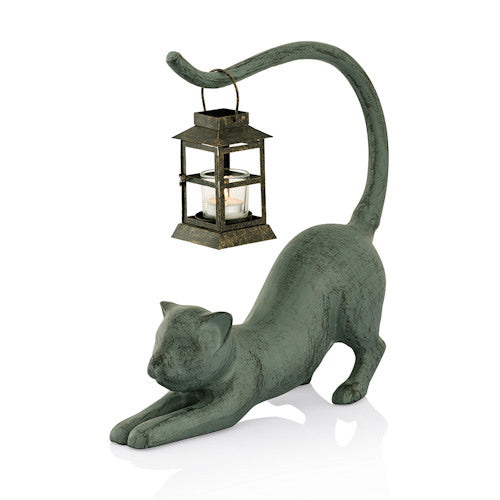 Cat Stretching Garden Lantern Candle Holder Statue