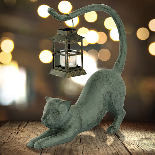 Cat Stretching Garden Lantern Candle Holder Statue