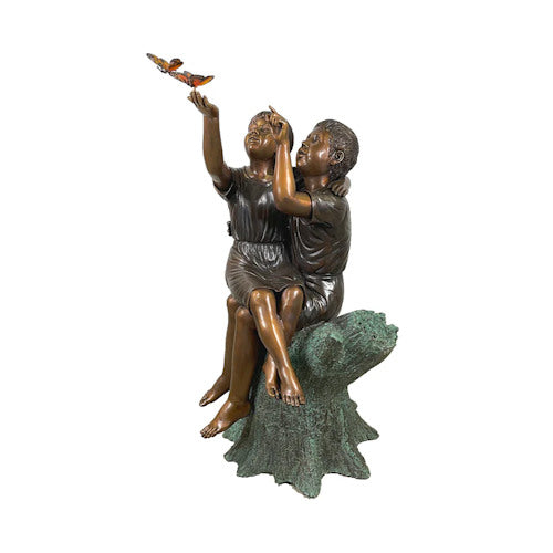 Two Children On Stump with Monarch Butterflies Bronze Statue