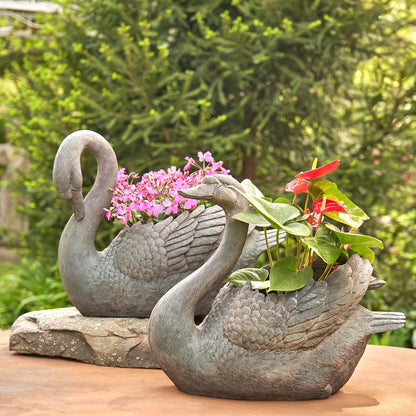 Tall Swan Planter Set with Head Up and Head Down Garden Sculptures