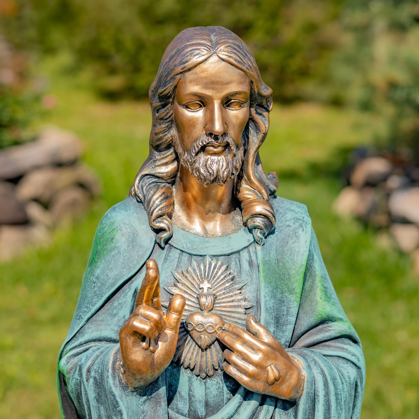 Close up of Jesus Face Sacred Heart Christ Outdoor Devotional Sculpture