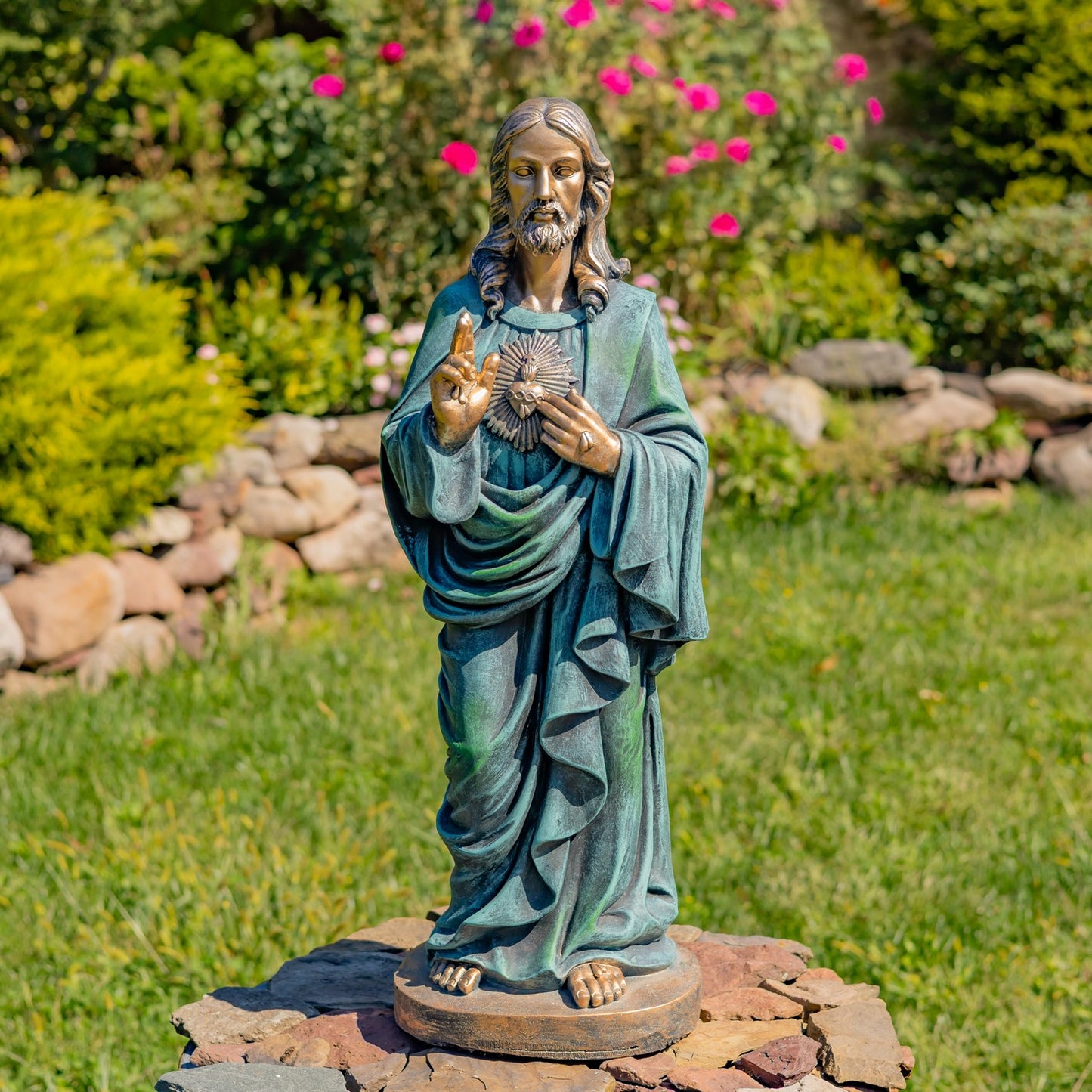 Sacred Heart of Jesus Blessing Statue Antique Bronze