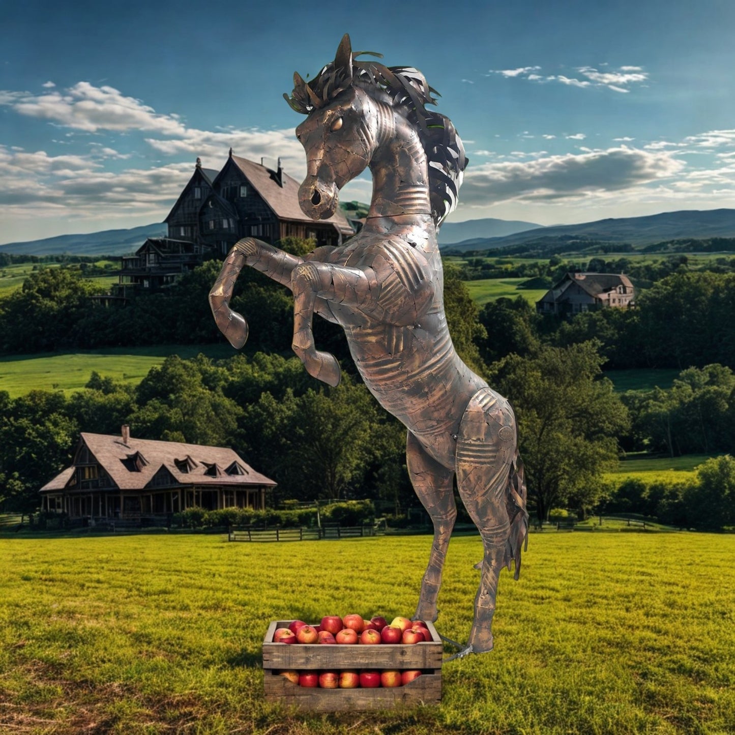 Metallic horse sculpture in a field with a house and trees in the background