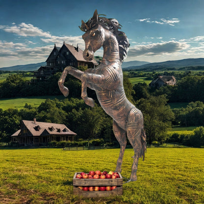 Metallic horse sculpture in a field with a house and trees in the background