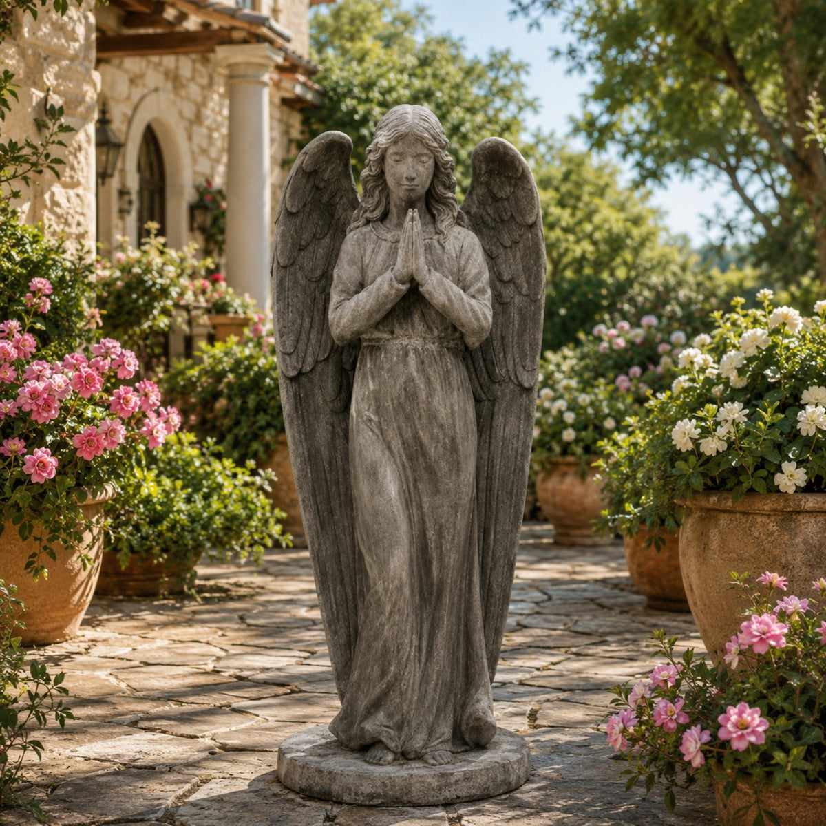 A gray stone angel garden statue with outstretched wings and clasped hands stands on a stone patio in a lush garden with potted pink and white flowers.