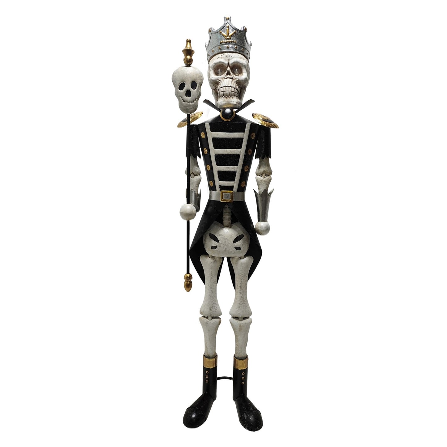 A decorative skeleton figurine dressed in a black and white military-style uniform with gold accents, a silver crown, and a small skull on a staff, shown against a plain white background.