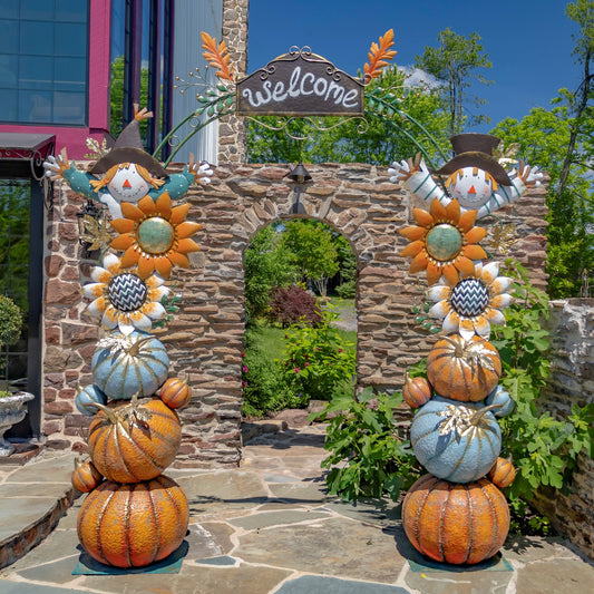 Thanksgiving Harvest Welcome Archway garden sculpture with Scarecrows