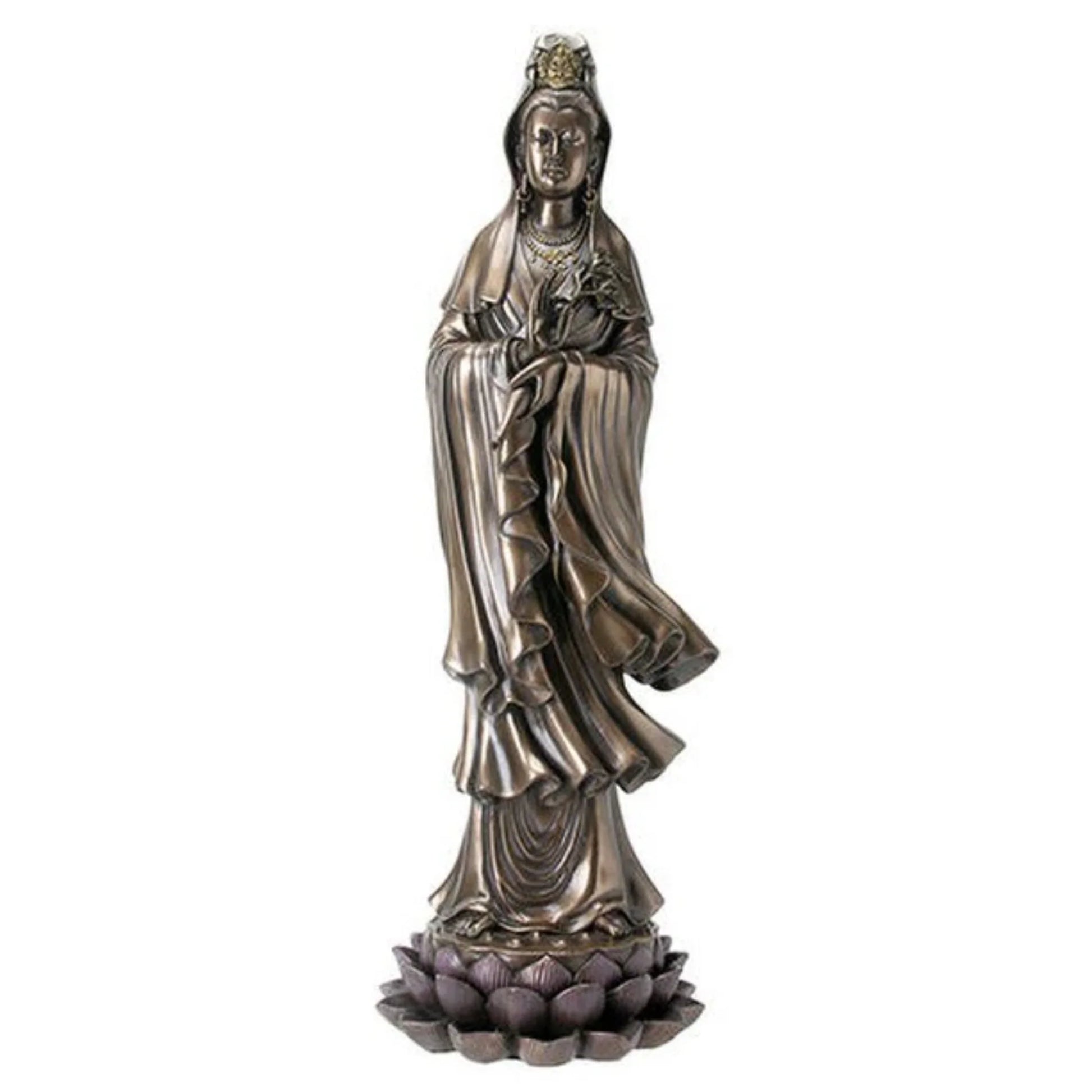 Statue of Guan-Yin in flowing robe with serene expression and ornate crown.