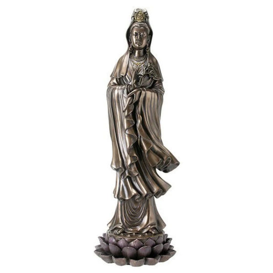 Statue of Guan-Yin in flowing robe with serene expression and ornate crown.