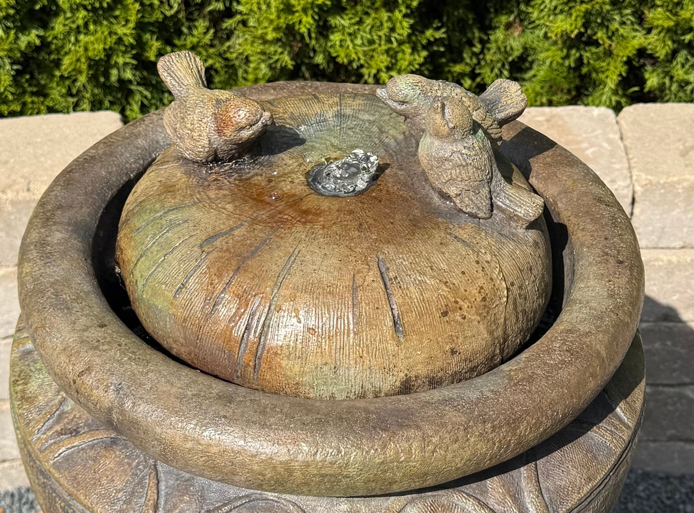 Top view of water feature three birds bubbler fountain cast stone garden 