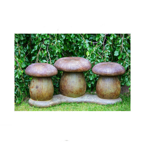 Three mushrooms seating garden bench toadstools cement sculptural
