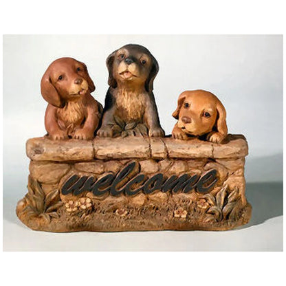 Three Welcome Puppies Garden Statue Hand Detailed
