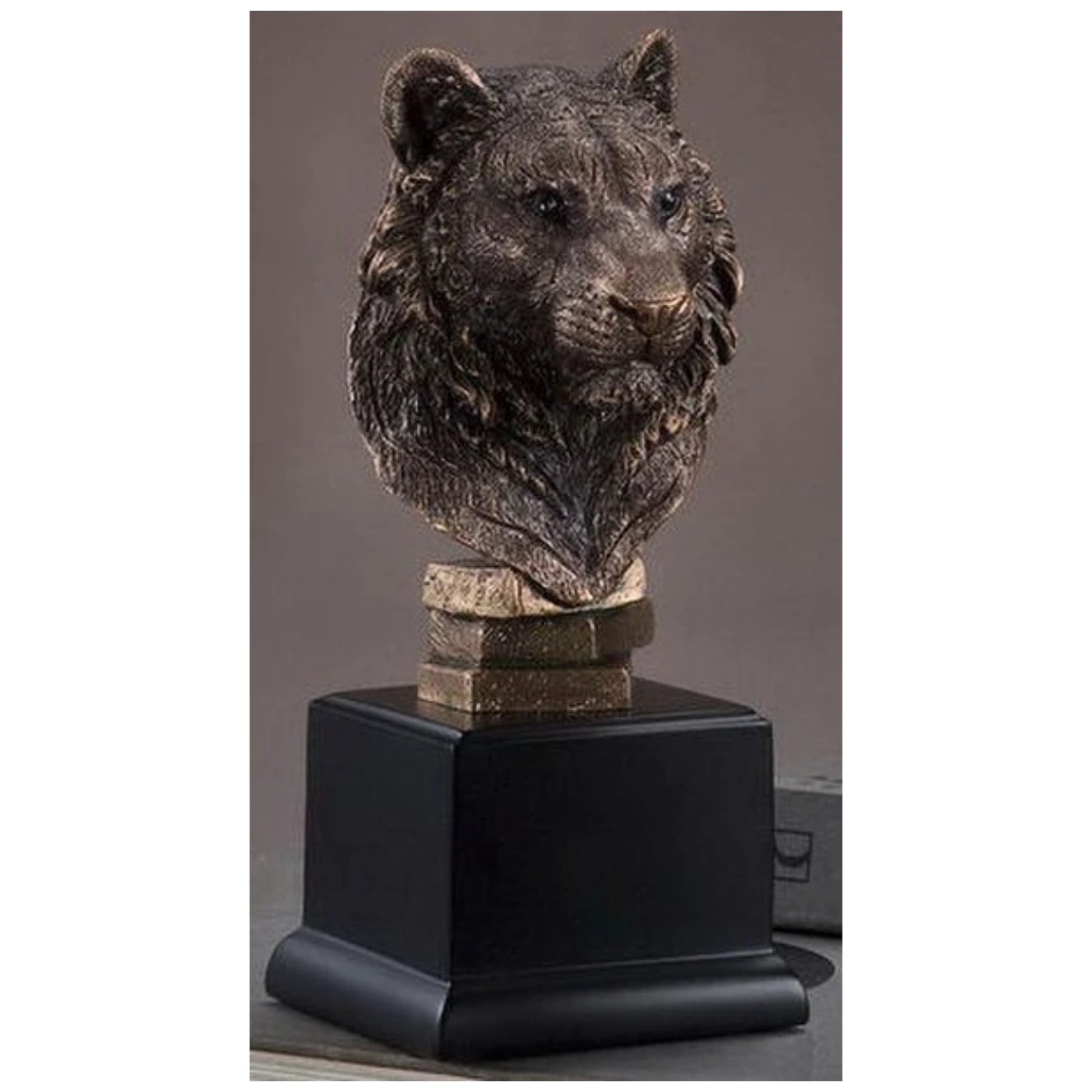 Tiger head bust sculpture with bronze finish on award base.