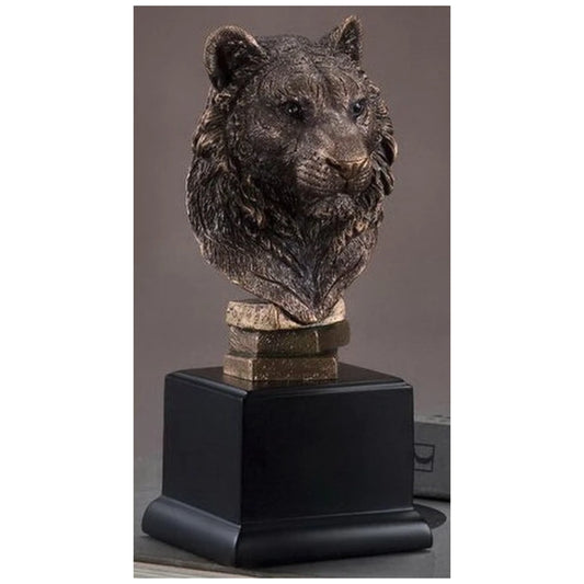 Tiger head bust sculpture with bronze finish on award base.