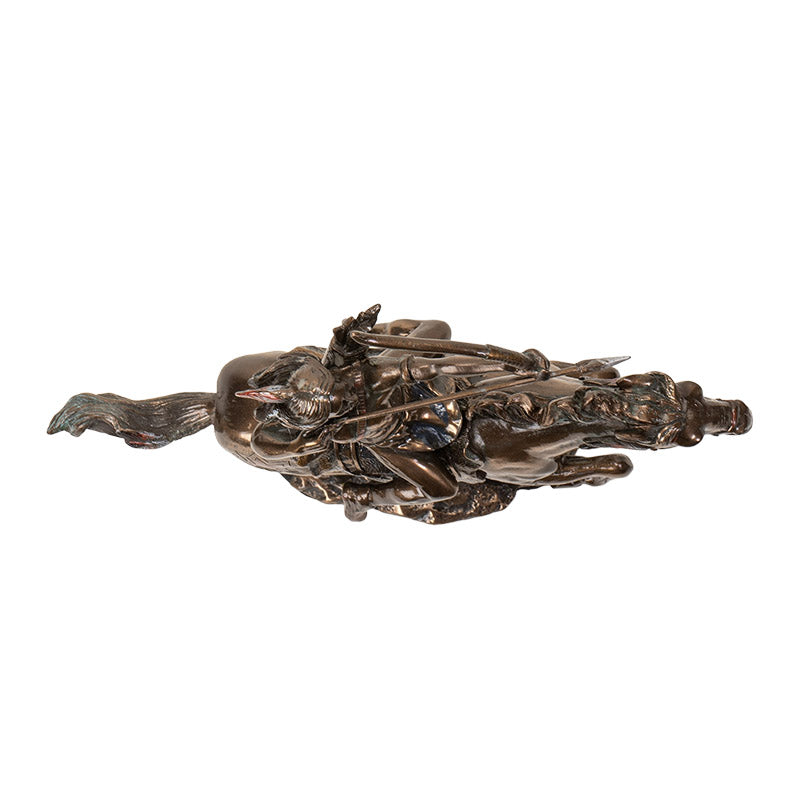 classic sculpture of an Indian riding atop of horse pulling back his bow and arrow