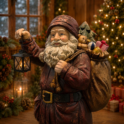 Traditional Santa sculpture in distressed red coat Vintage style Santa Claus Christmas decoration 32 inches high