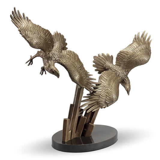 Twin Eagles in Flight Sculpture on modern base great for military pairs 