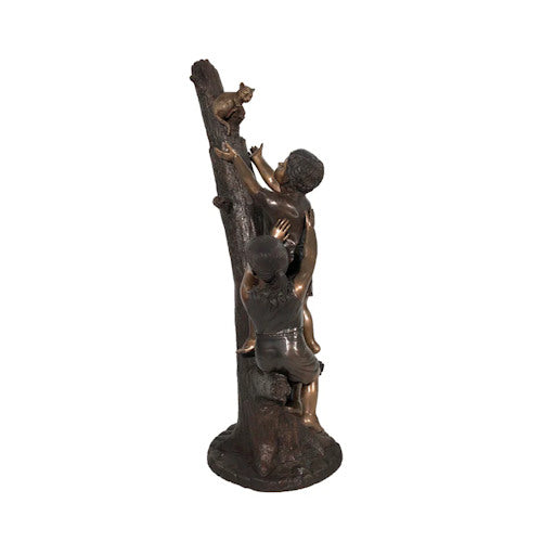 Boy & Girl reaching for Cat in Tree Bronze Statue Garden Sculpture