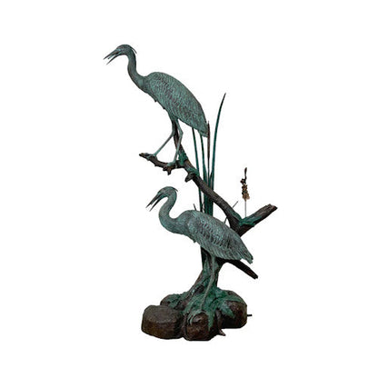Two Crane Birds On Tree Water Feature Bronze Sculpture