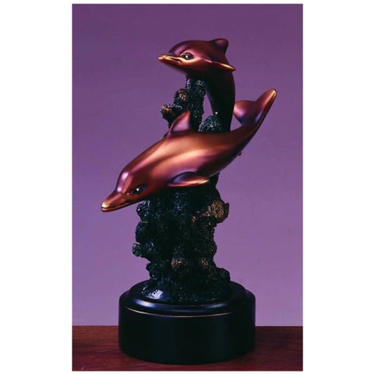 Dolphin statue features two sleek bronze-finished dolphins leaping over coral, crafted in designer resin—an elegant sea life accent for coastal or nautical décor.