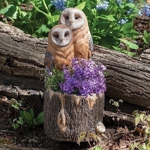 Two Owls Planter Sculpture in woodland setting sculptural statue