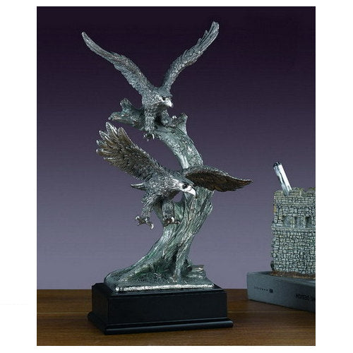 Two Pewter Eagles award sculpture in silver overlay finish, powerful military tribute statue with plaque base for recognition honors