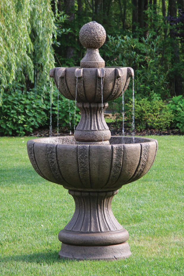 Decorative stone fountain with water feature in a garden setting