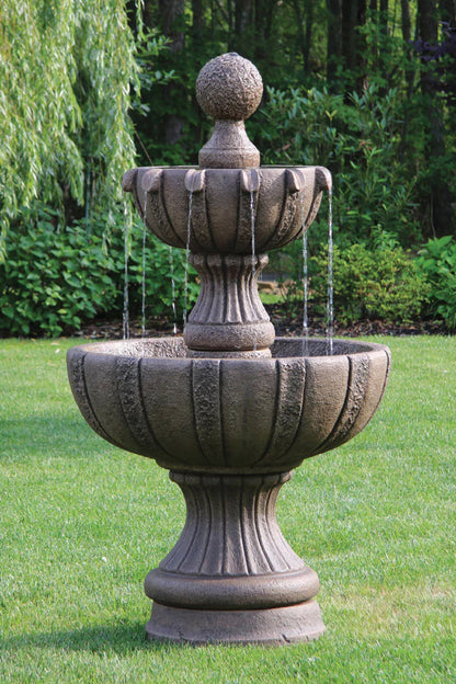 Decorative stone fountain with water feature in a garden setting