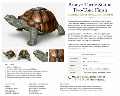 Large bronze turtle water feature with two-tone patina and green highlights
