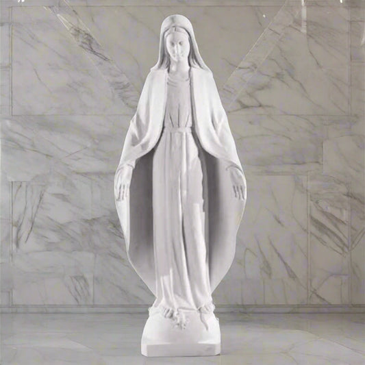 31.5" Italian marble Virgin Mary sculpture, Immaculate Conception design shown in a refined luxury bathroom setting with natural light