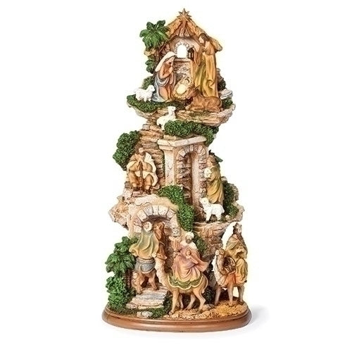 Vertical Stairway Nativity Display Multi-Level Sculpture of the Holy Night Ascending Steps and Archways