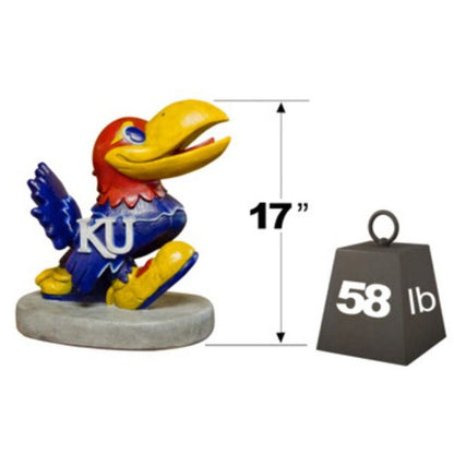 University of Kansas Jayhawk mascot statue in team colors shows weight of 58 pounds