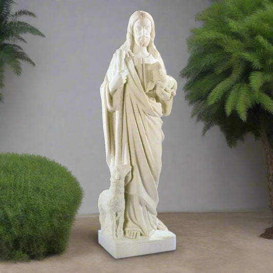 33-inch Italian marble Christ the Good Shepherd religious statue, ideal for sacred gardens, church displays, or devotional home décor
