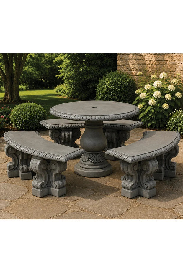 Verona Cast Stone Garden Table and Three Curved Bench Set