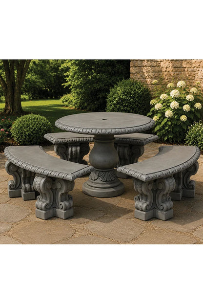 Verona Cast Stone Garden Table and Three Curved Bench Set