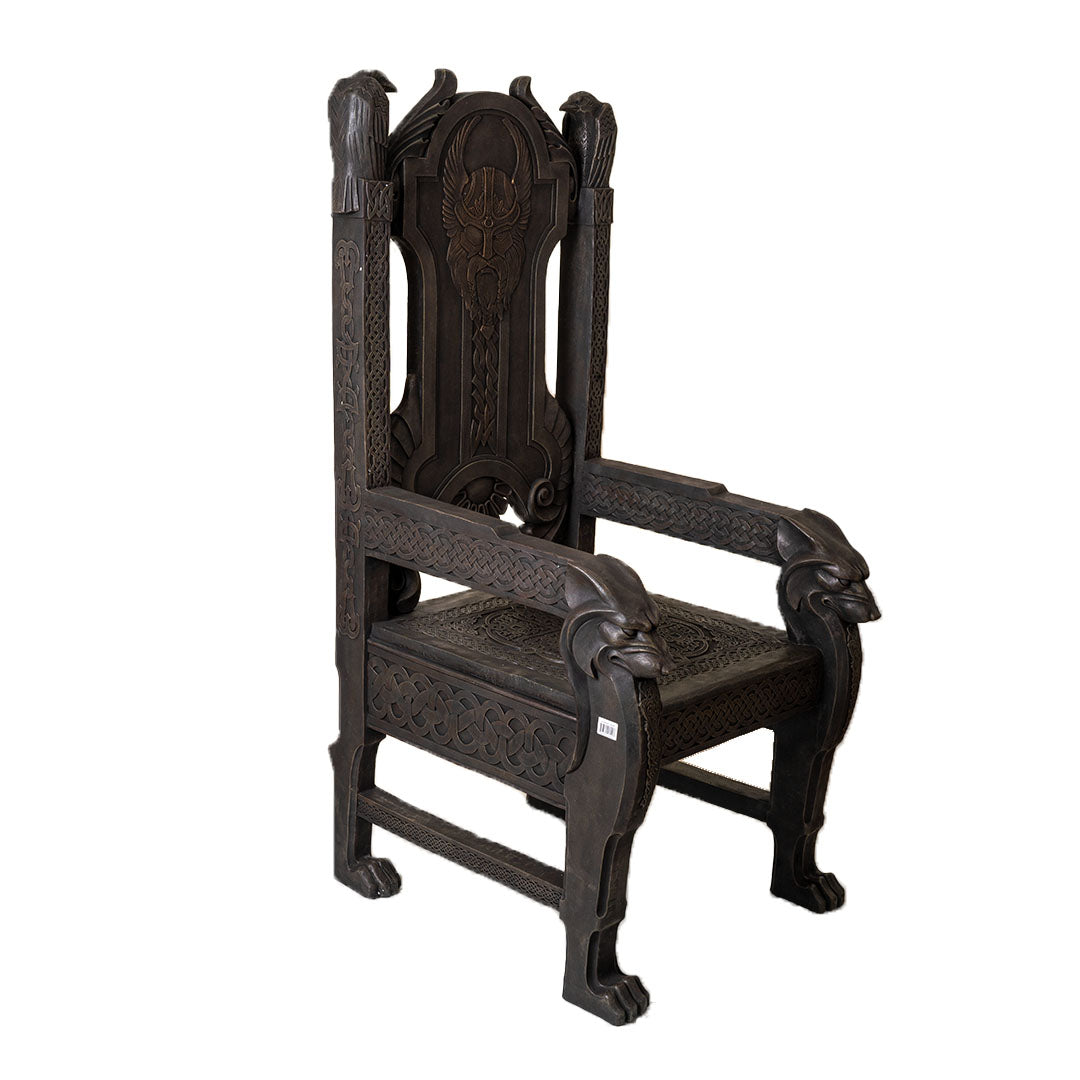 Norse mythology Odin throne resin chair side view of details Nordic knotwork