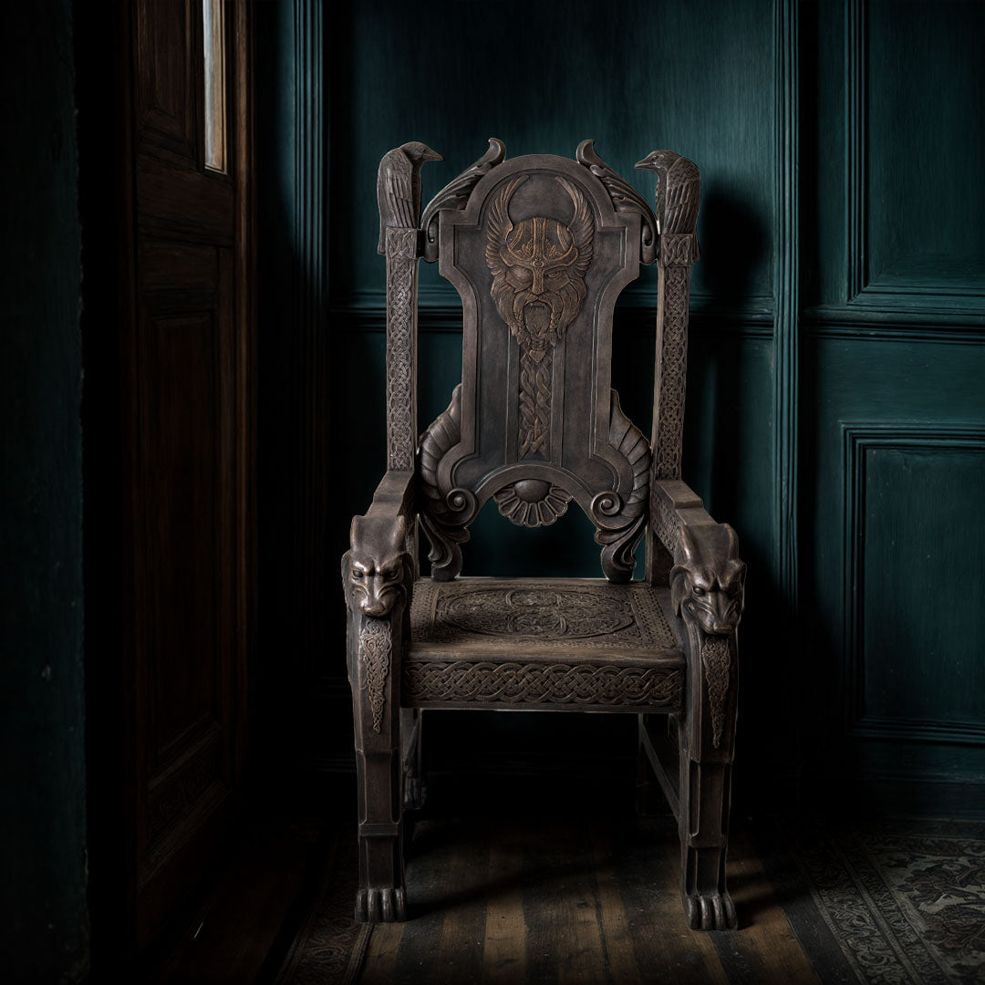 Decorative Viking Odin chair with intricate carvings against a dark wall.